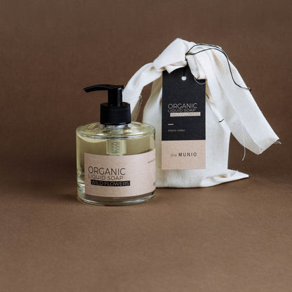 Wild flowers organic liquid soap in glass bottle